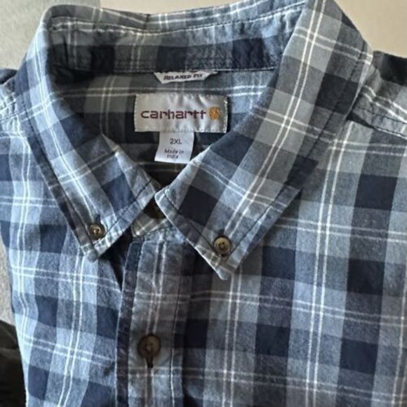 Mens 2XL Blue White‎ Plaid Carhartt Button Down Short Sleeve Dress Shirt - Picture 1 of 5